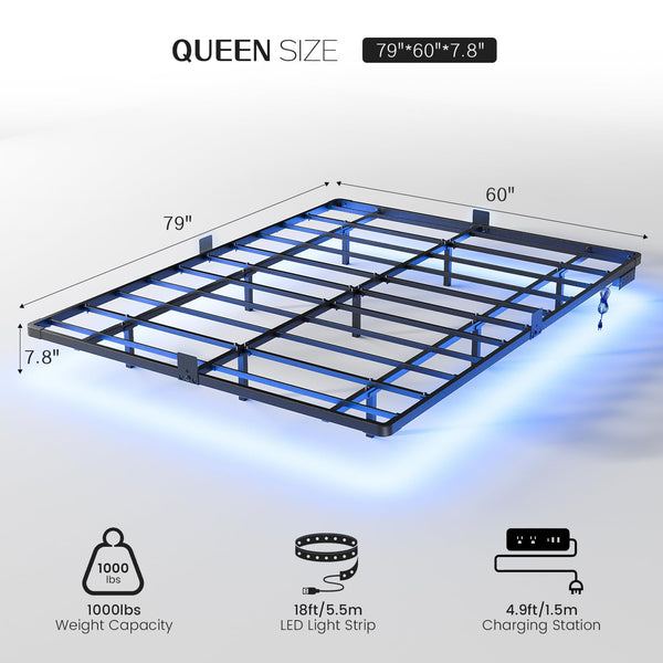 Floating Bed Frame with LED Lights & Charging Station