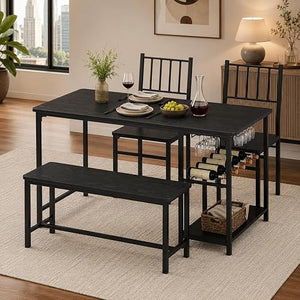 4-Person Dining Table Set with Bench, Wine Rack & Storage