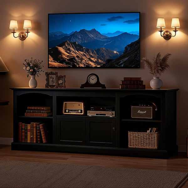 LUCKLIFE 71" TV Stand for TVs up to 80 Inch,Modern Farmhouse Entertainment Center with Arched Cabinet Doors & Open Adjustable Storage Shelves,Media Console Table for Living Room (Black, 71 inch)