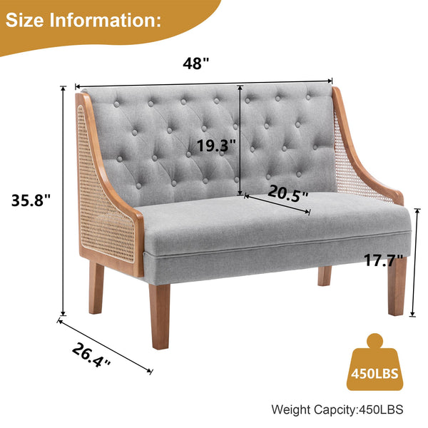 Rattan Arm Loveseat Settee – Upholstered Mid-Century Modern Bench Sofa