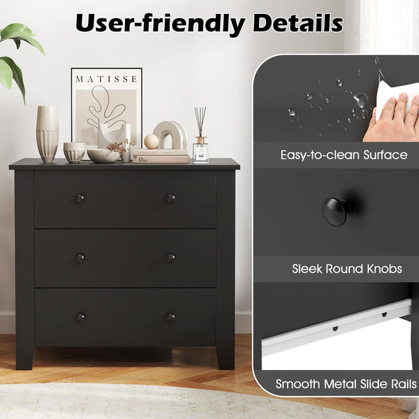 Giantex Small 3-Drawer Dresser for Bedroom - 28.5” x 18” x 26” Wide Chest of Drawers, Modern Large Nightstand, Storage Cabinet, Closet Storage Organizer for Living Room, Hallway (Black)
