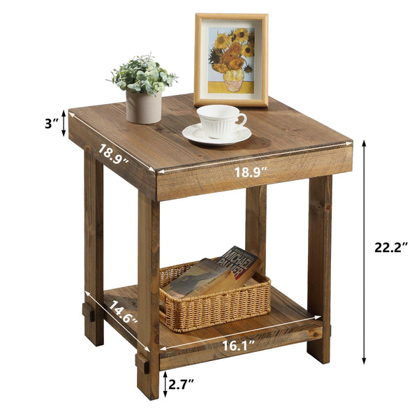 Solid Wood End Table Set of 2 with 2-Tier Storage Shelf