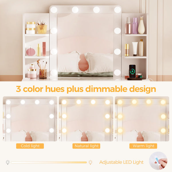 Makeup Vanity Desk with Mirror, Lights & Storage, White