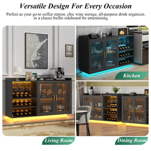 Wine Bar Cabinet with LED Lights, Glass Doors & Removable Wine Racks