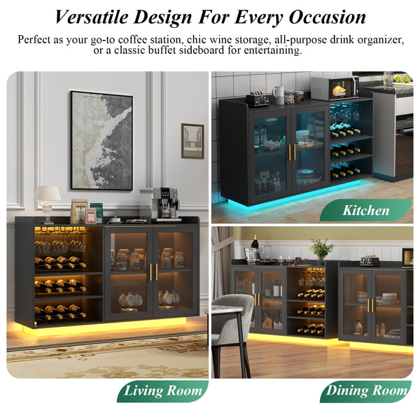 Wine Bar Cabinet with LED Lights, Glass Doors & Removable Wine Racks