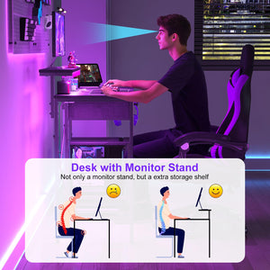 33.5" Gaming Desk with LED Lights, Power Outlets & Monitor Stand