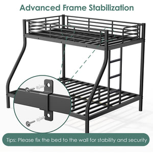 Twin XL Over Queen Bunk Bed – Heavy Duty Metal Frame with Guardrail