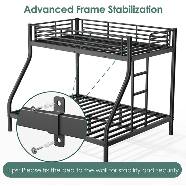 Twin XL Over Queen Bunk Bed – Heavy Duty Metal Frame with Guardrail