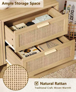 Rattan Nightstand with Charging Station & 2 Drawers