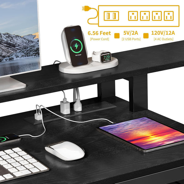 L-Shaped Desk with Drawers, LED Lights & Power Outlets
