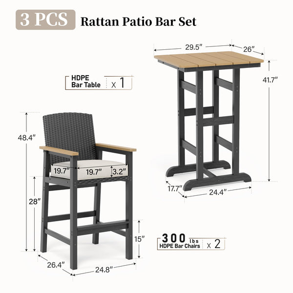 3-Piece Outdoor Bar Set – HDPE High Top Table & Wicker Bar Stools with Cushions