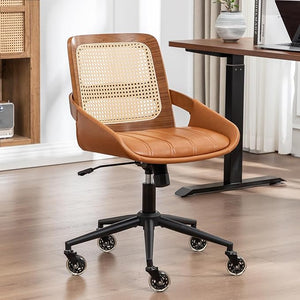 Rattan Back Office Chair with Faux Leather & Caster Wheels