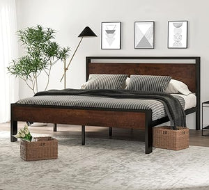 Metal Platform Bed Frame with Wooden Headboard & Footboard