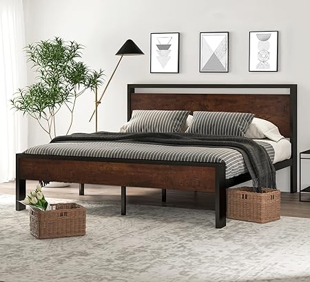 Metal Platform Bed Frame with Wooden Headboard & Footboard