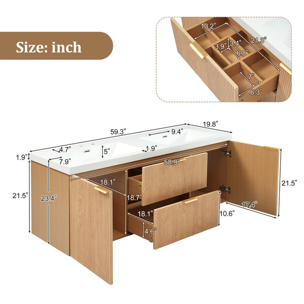 Floating Double Sink Bathroom Vanity with SMC Resin Top & Wood Cabinet
