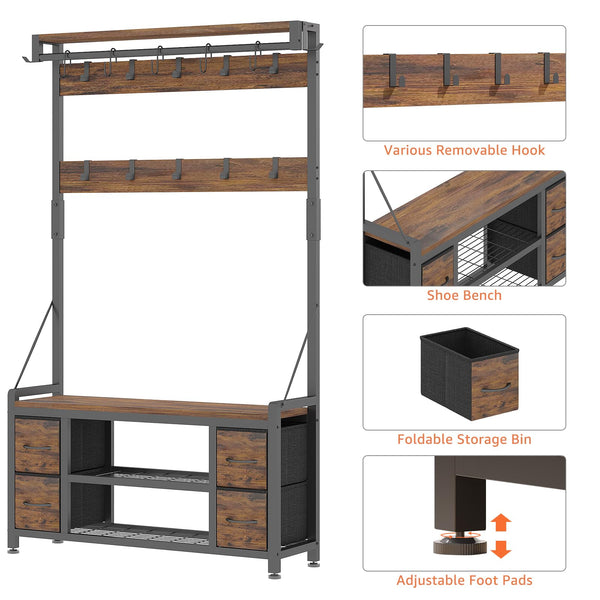 5-in-1 Hall Tree with Bench, Drawers, Shoe Rack & Hooks – 39"W