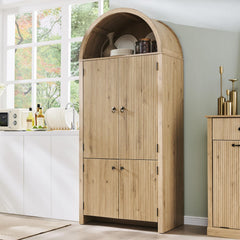 71" Tall Arched Kitchen Pantry Cabinet with Fluted Doors & Adjustable Shelves