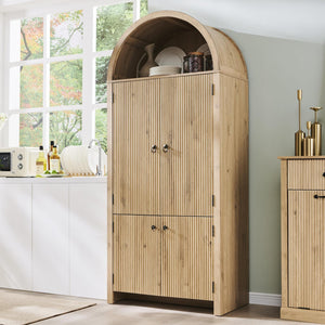 71" Tall Arched Kitchen Pantry Cabinet with Fluted Doors & Adjustable Shelves