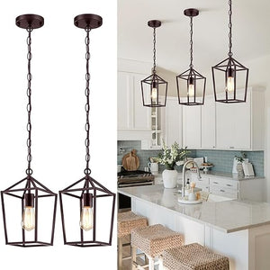 Farmhouse Pendant Lights 2-Pack – Metal Cage Ceiling Hanging Lamps