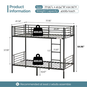 Twin Over Twin Metal Bunk Bed with Flat Ladder & High Guardrail