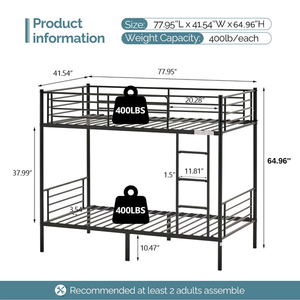 Twin Over Twin Metal Bunk Bed with Flat Ladder & High Guardrail