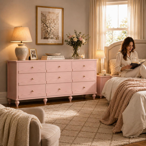 9 Drawer Dresser with Scalloped Design – Pink