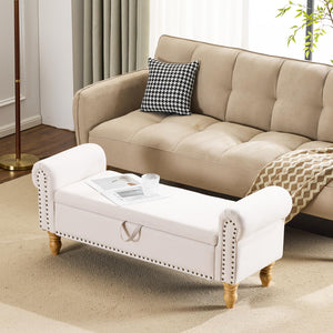 Upholstered Storage Bench with Rolled Arms & Nailhead Trim