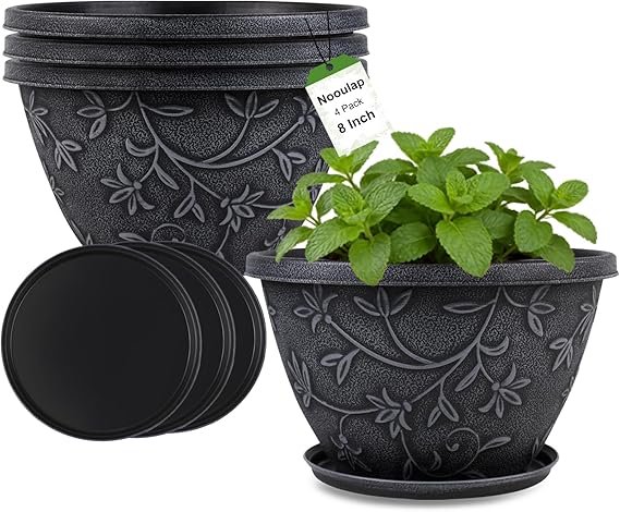 4-Pack Large Plant Pots with Drainage Hole & Saucer — 8/10/12/16 Inch