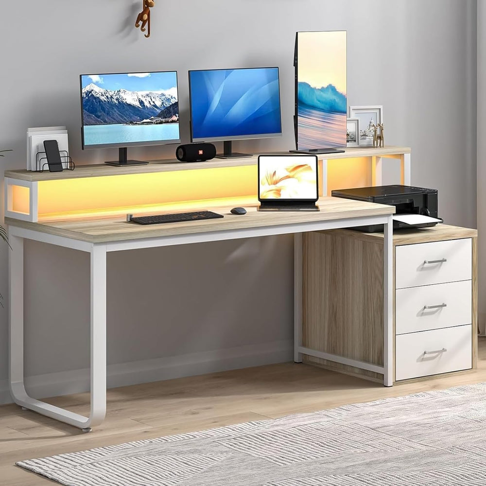 67-Inch Home Office Desk with Drawers, LED Lights & Monitor Stand