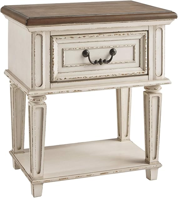 Chipped White Nightstand with Drawers & USB Charging