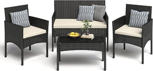4-Piece Outdoor Wicker Patio Conversation Set with Cushions & Table