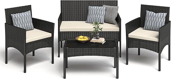 4-Piece Outdoor Wicker Patio Conversation Set with Cushions & Table