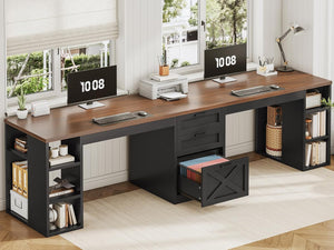 96.5" Two Person Desk with Drawers & Storage Shelves