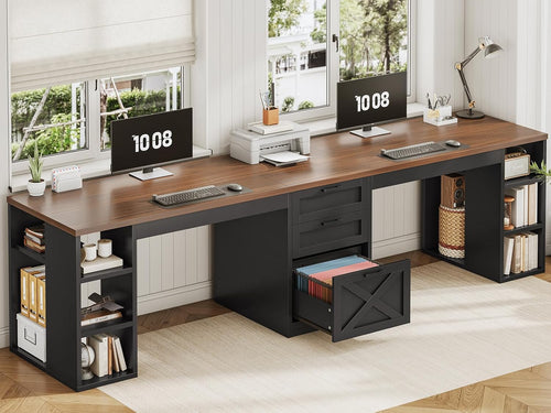 96.5" Two Person Desk with Drawers & Storage Shelves