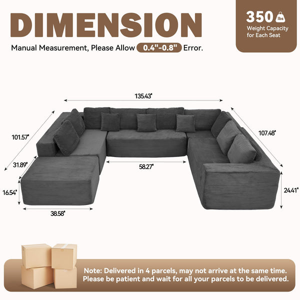 136" U-Shaped Modular Sectional Sofa – 8 Seater, Corduroy, Grey