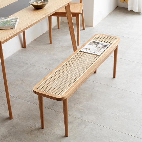 Solid Oak Wood Bench with Rattan Detail