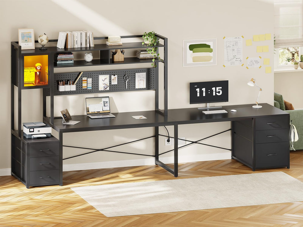 L-Shaped Gaming Desk with Drawers, LED Lights & Power Outlet