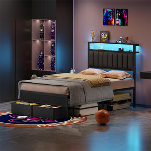 Platform Bed Frame with LED Lights, Charging Station & Storage Drawers
