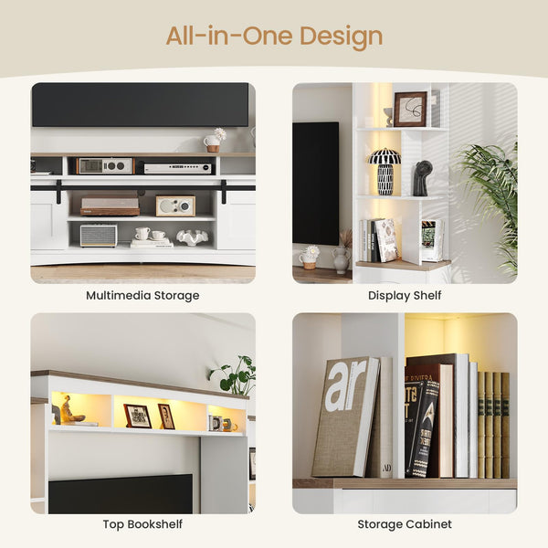 101" Wall Unit Entertainment Center with LED & Sliding Doors – White
