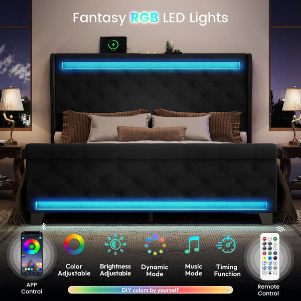 Upholstered Velvet Platform Bed Frame with LED Lights & Charging Ports