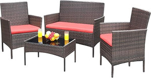 4-Piece Outdoor Wicker Patio Conversation Set with Cushions & Glass Table