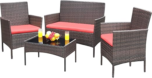 4-Piece Outdoor Wicker Patio Conversation Set with Cushions & Glass Table