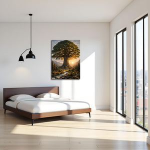 Framed Tree Landscape Mountain Sunrise Canvas Wall Art
