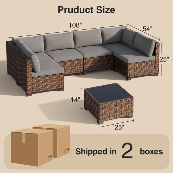7-Piece Outdoor Sectional Sofa Set with Cushions & Glass Coffee Table