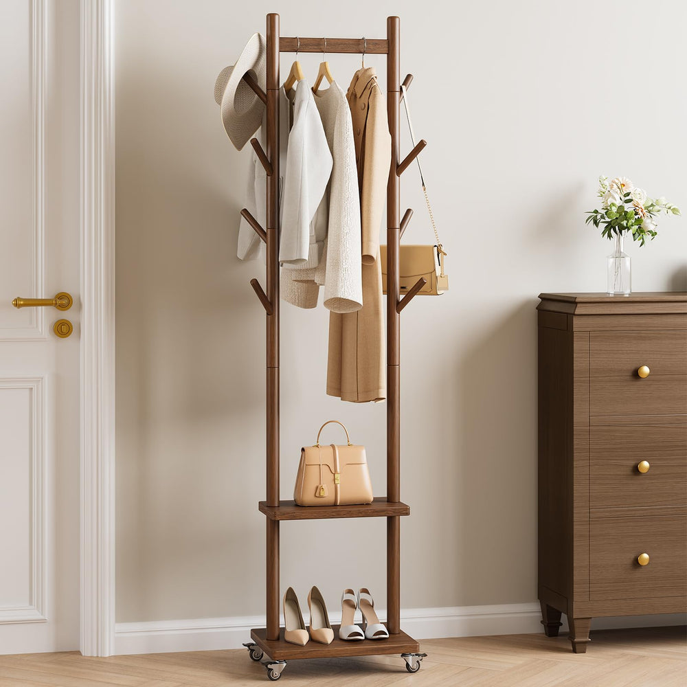 Solid Wood Rolling Coat Rack with Hooks & Shelves