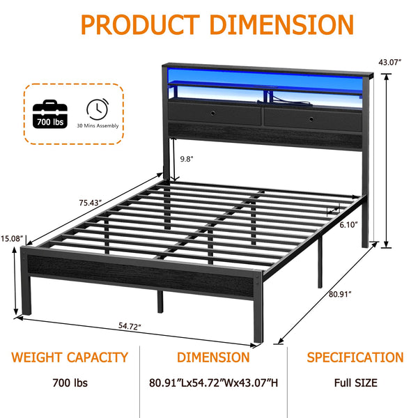 Full Size Platform Bed Frame with LED Lights, Charging Station & Storage Drawers