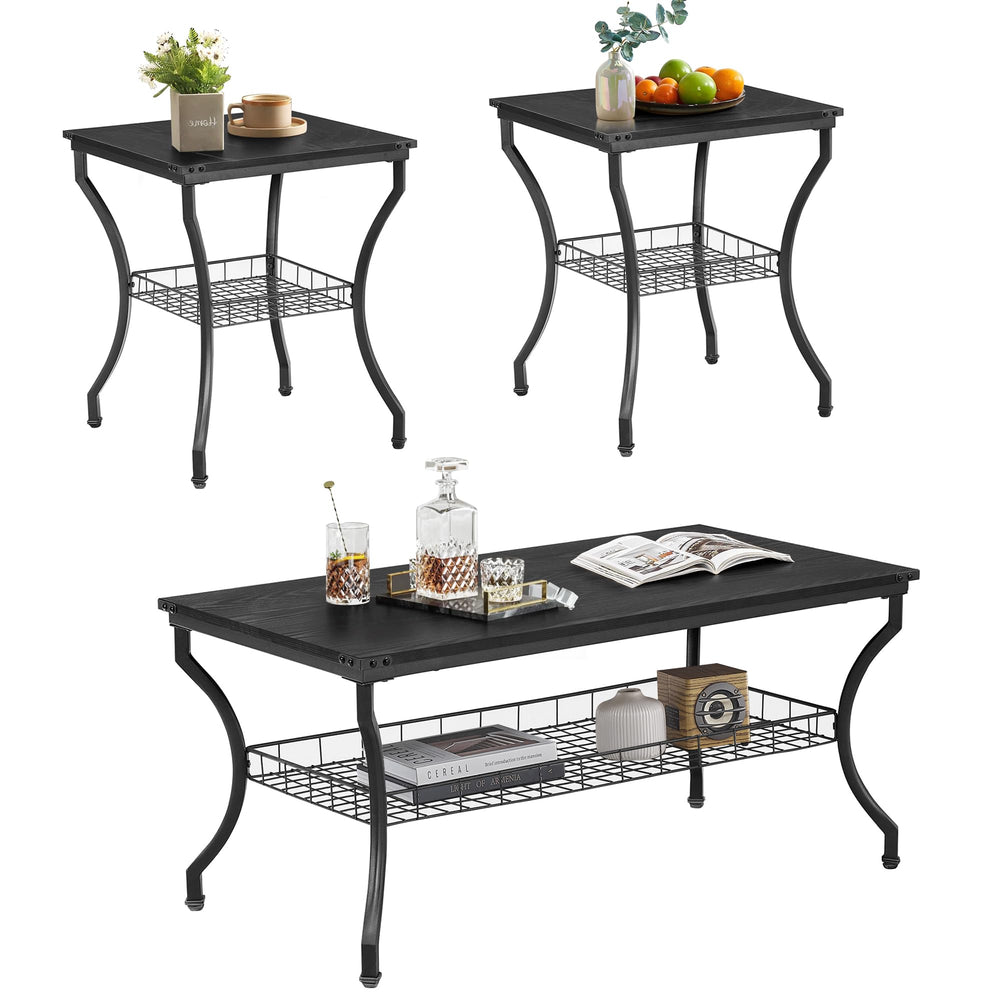3-Piece Living Room Coffee Table Set with Storage Shelves