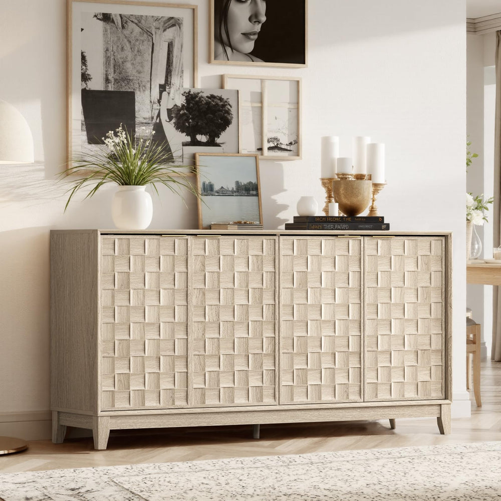 60-Inch Sideboard Buffet Cabinet with 3D Checkerboard Doors & Wood Legs