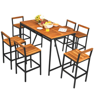 7-Piece Outdoor Acacia Wood Bar Set with 6 Bar Stools