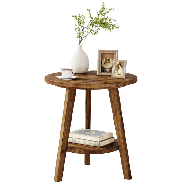 Round Wood End Table with Storage Shelf
